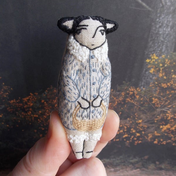 Gorse Fae with Basket - A Miniature Hand Embroidered Textile Art Doll - 7.5cms