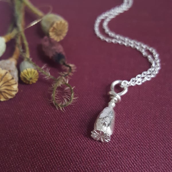 Poppy Necklace, Sterling Silver Cast Poppy Seed Pod, Flower Jewellery