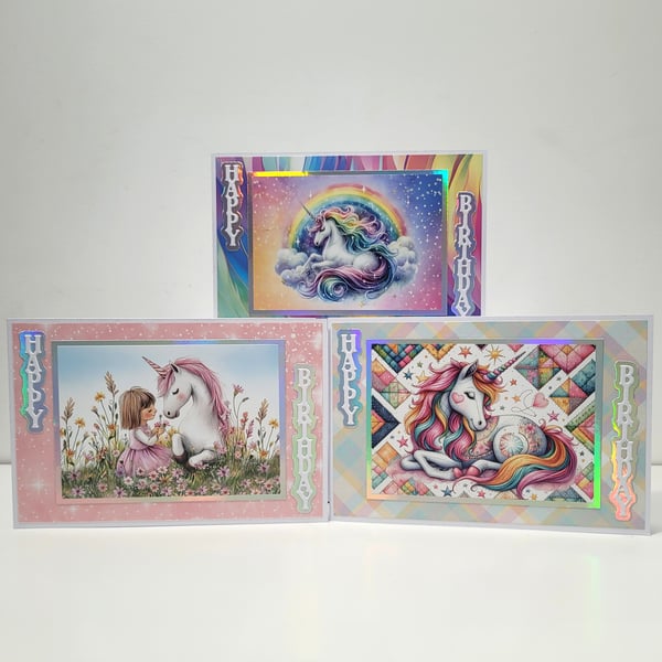 Rainbow Unicorn Birthday Card Set for Kids - Set of 3, 4x6 inch Children's Cards