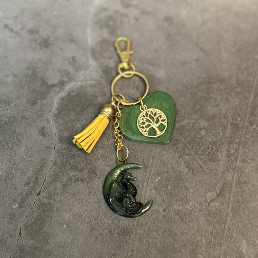Crescent Moon Dragon Resin Bag Charm or Keyring with Heart in Multiple Colours