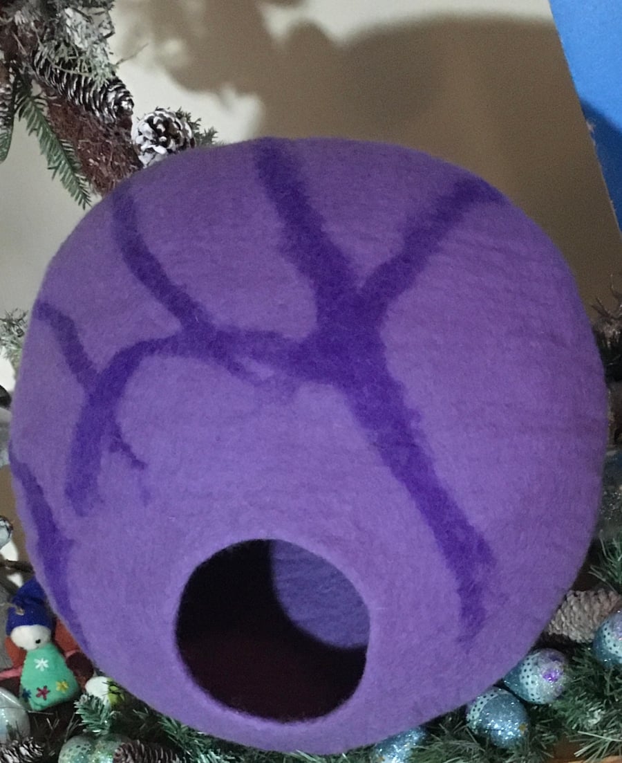 Handmade purple cat cave, wool felted, cat hideout 