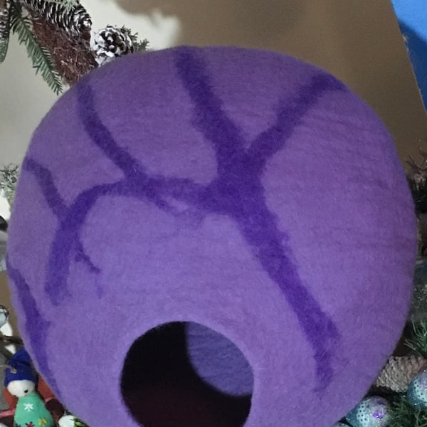 Handmade purple cat cave, wool felted, cat hideout 