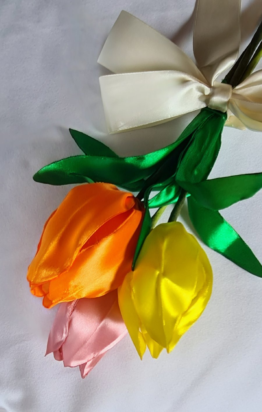 Beautiful Trio of Ribbon Tulips - Orange, Yellow & Pink