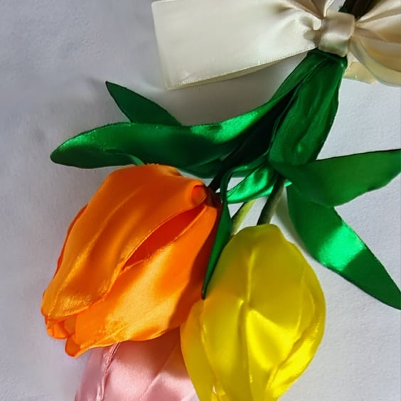 Beautiful Trio of Ribbon Tulips - Orange, Yellow & Pink