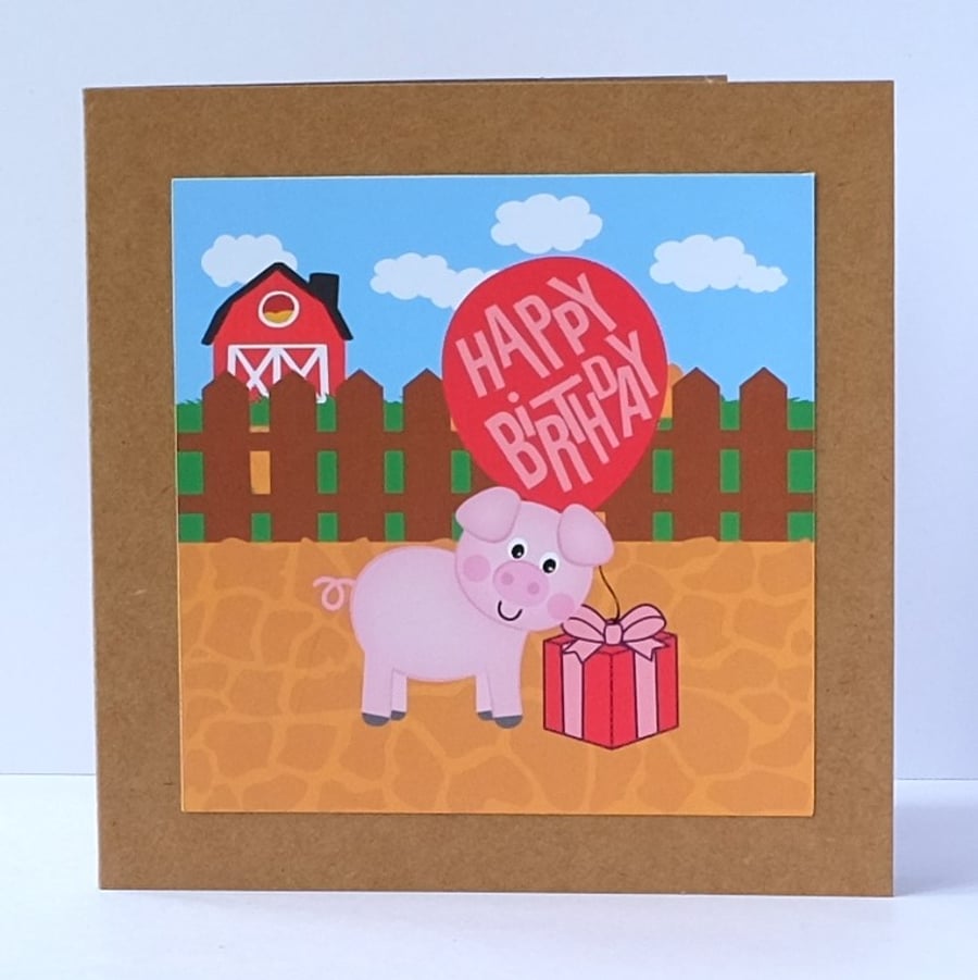 'Colourful Card' Farm Birthday Card with Pig