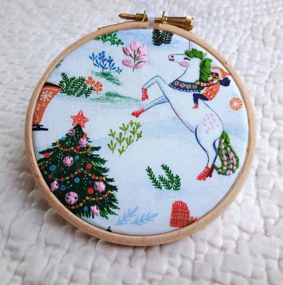 Christmas Unicorn mini fabric picture hoop art - tree, elves