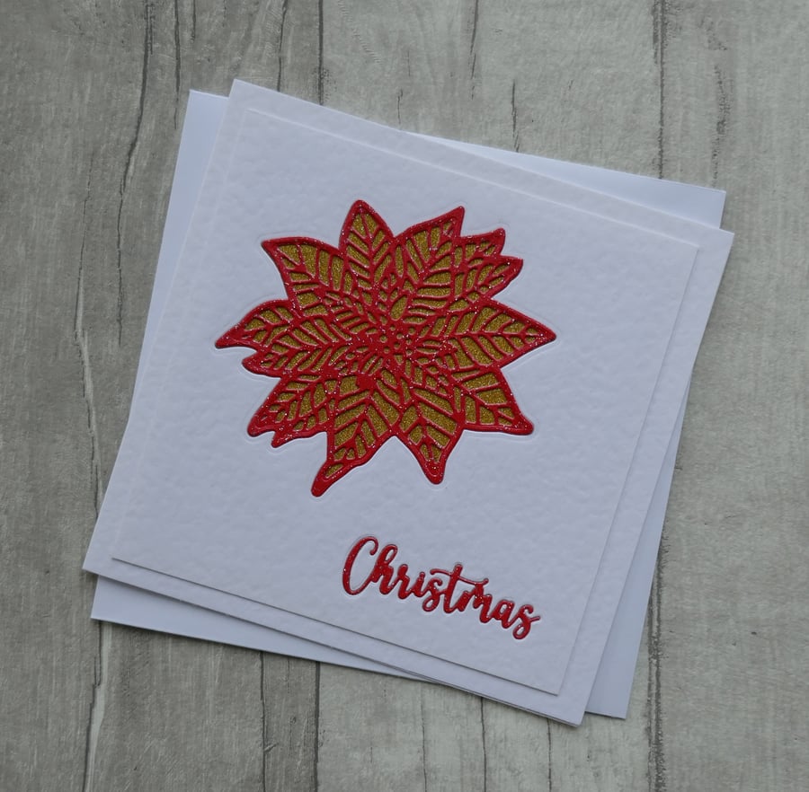 Red and Gold Glitter Poinsettia - Christmas Card