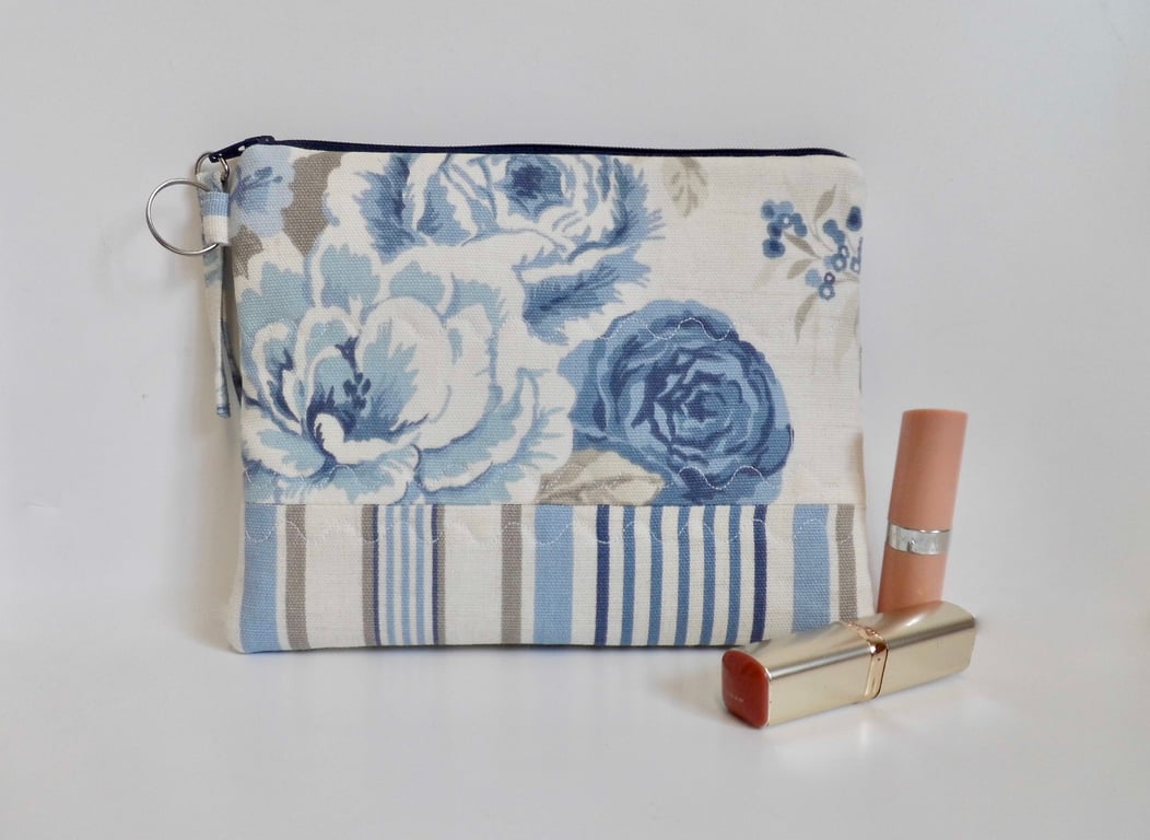 Make up bag in floral and stripes blue fabric large size 