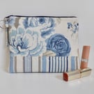 Make up bag in floral and stripes blue fabric large size 