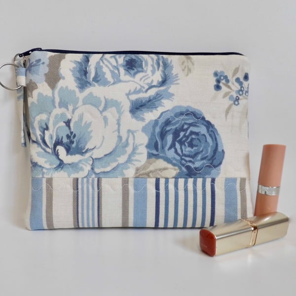 Make up bag in floral and stripes blue fabric large size 
