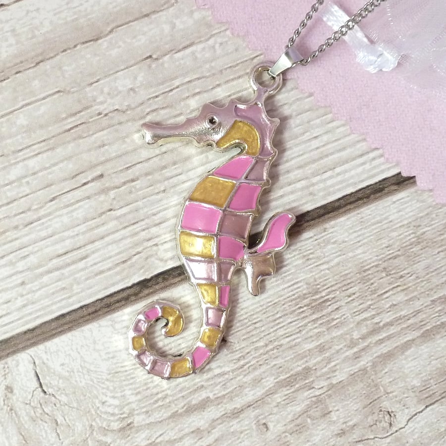 Pink and gold seahorse pendant, handpainted necklace for women