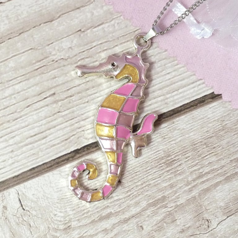 Pink and gold seahorse pendant, handpainted necklace for women