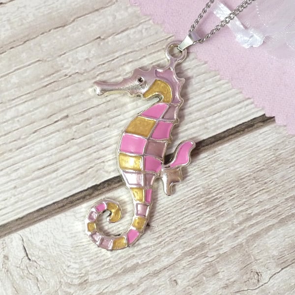 Pink and gold seahorse pendant, handpainted necklace for women