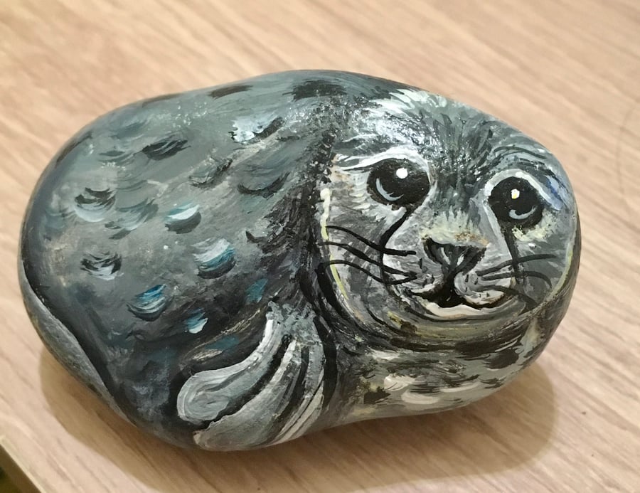Seal hand painted pebble garden rock art pet stone portrait sea beach wildlife 
