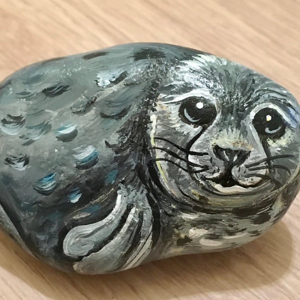 Seal hand painted pebble garden rock art pet stone portrait sea beach wildlife 