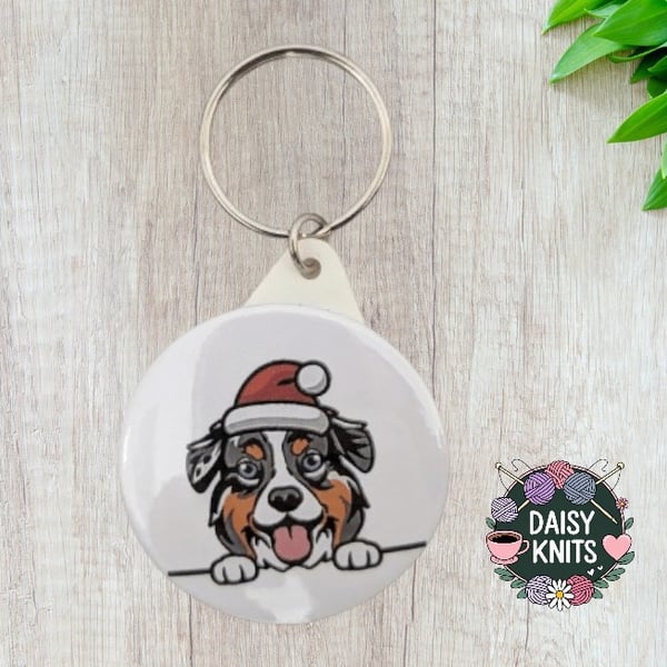 Australian Shepherd Dog Santa Hat Keyring