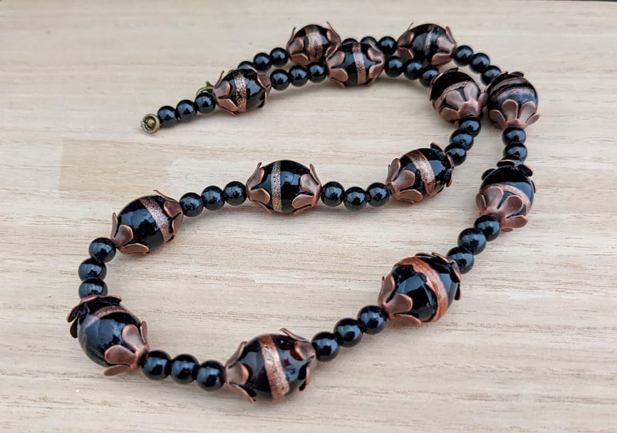 Black and copper glass bead necklace - 1002320