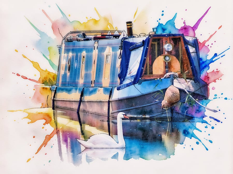 Swan & Narrow Canal Boat Norfolk Greeting Card A5