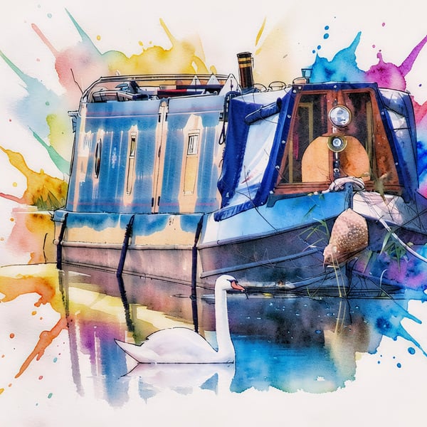 Swan & Narrow Canal Boat Norfolk Greeting Card A5