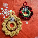 Set of Two Handmade Mini Crochet Christmas Wreaths – Deep Red & Golden Yellow