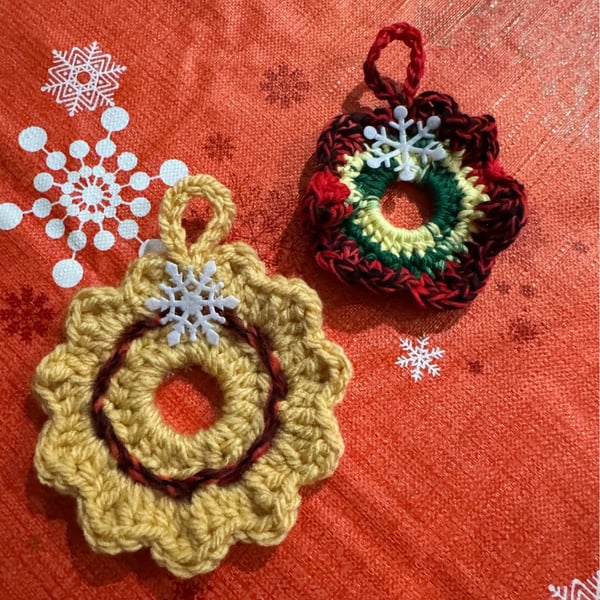Set of Two Handmade Mini Crochet Christmas Wreaths – Deep Red & Golden Yellow