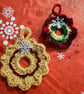 Set of Two Handmade Mini Crochet Christmas Wreaths – Deep Red & Golden Yellow