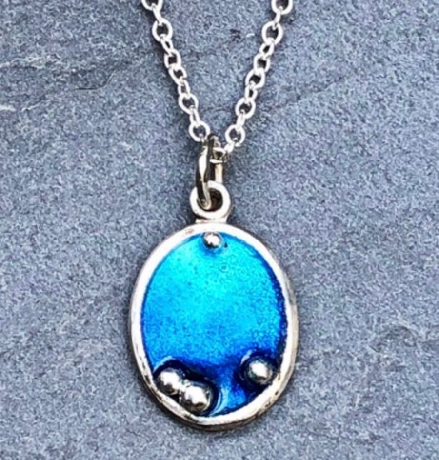Ibiza Pendant, enamel necklace, blue enamel necklace, oval pendant, sea necklace