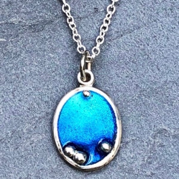 Ibiza Pendant, enamel necklace, blue enamel necklace, oval pendant, sea necklace