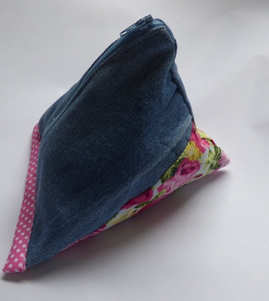 Cosmetic bag Denim pink and blue floral zipped make up bag