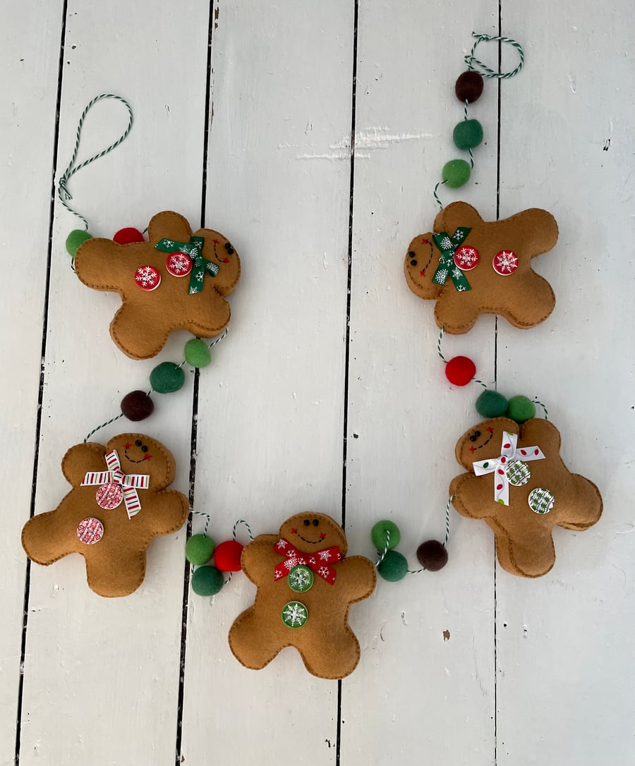Red and Green Felt Gingerbread Christmas Garland