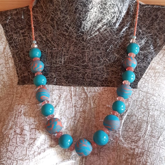 Turquoise and tangerine polymer clay necklace  
