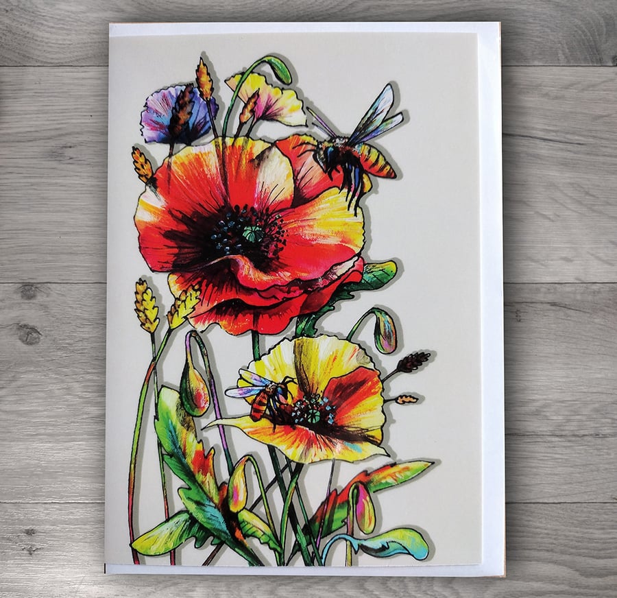 Poppies and honeybees watercolour print cards