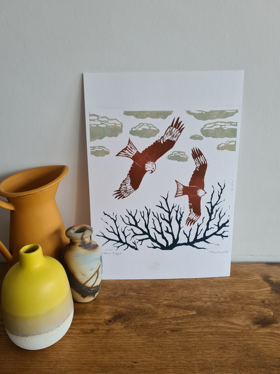 Red Kites original art linoprint handprinted A4 size blue brown