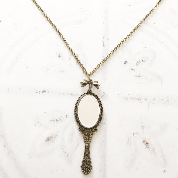 Miniature Handheld Mirror & Bow Necklace 
