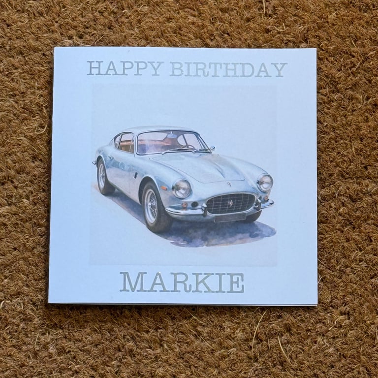 Personalised Watercolour Silver Classic Sports Car Birthday Card Foiled Message 