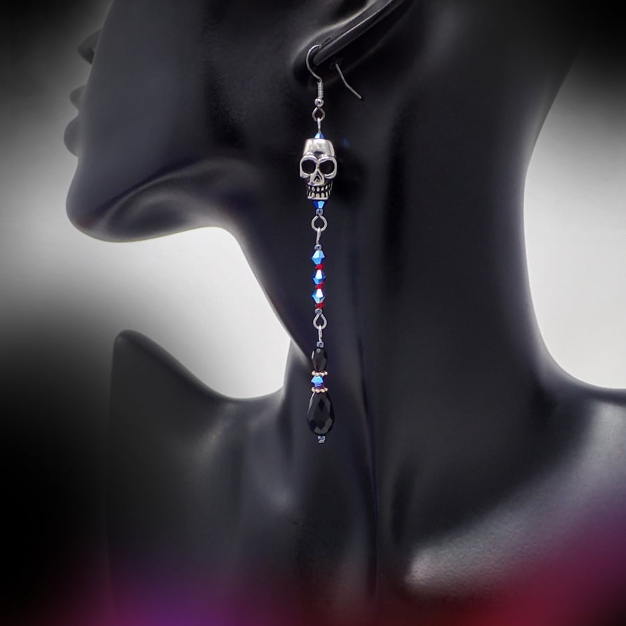 Long Dangle Gothic Skull Earrings, Gifts for Goths