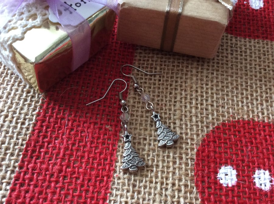 Christmas Novelty Tibetan Silver Crystal Christmas Tree Earrings