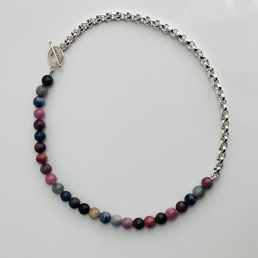 Asymmetric Matte Sapphire & Sterling-Silver Chain Necklace & Toggle Clasp