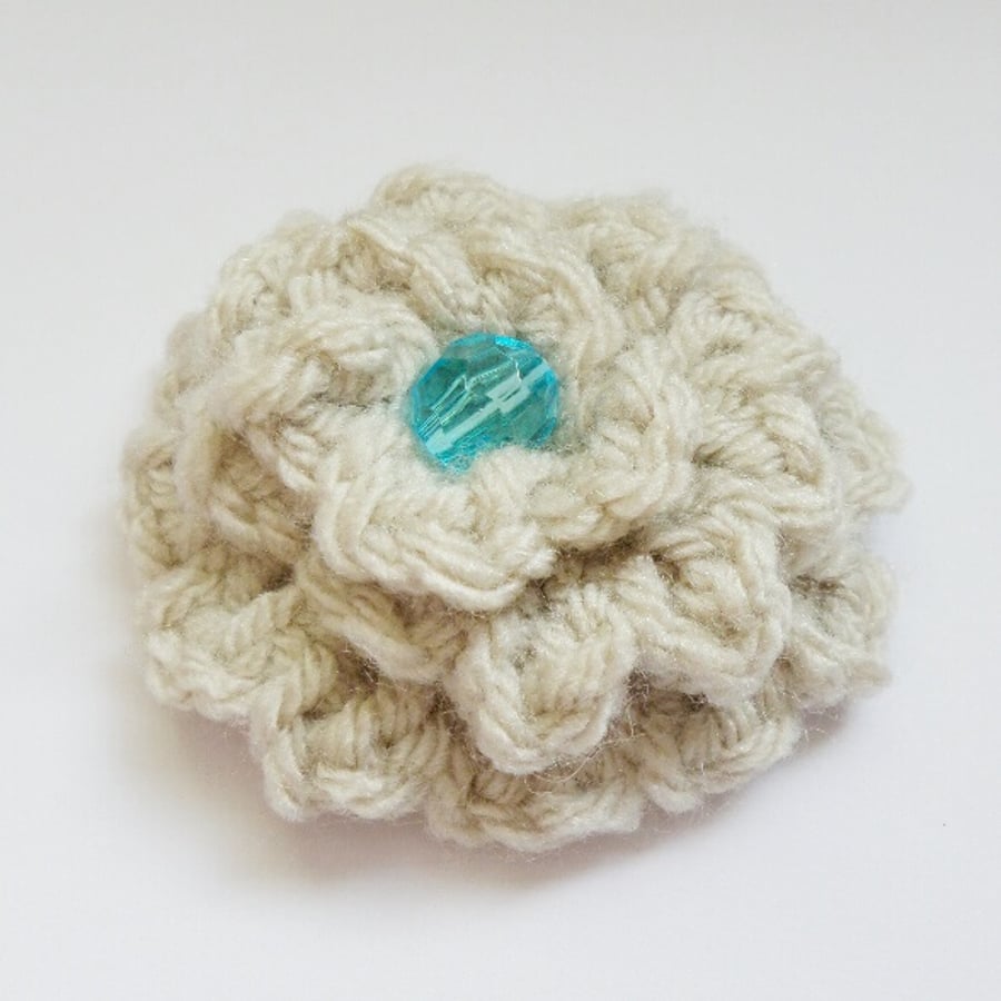 Cream Wool Flower Brooch with Turquoise Blue Bead