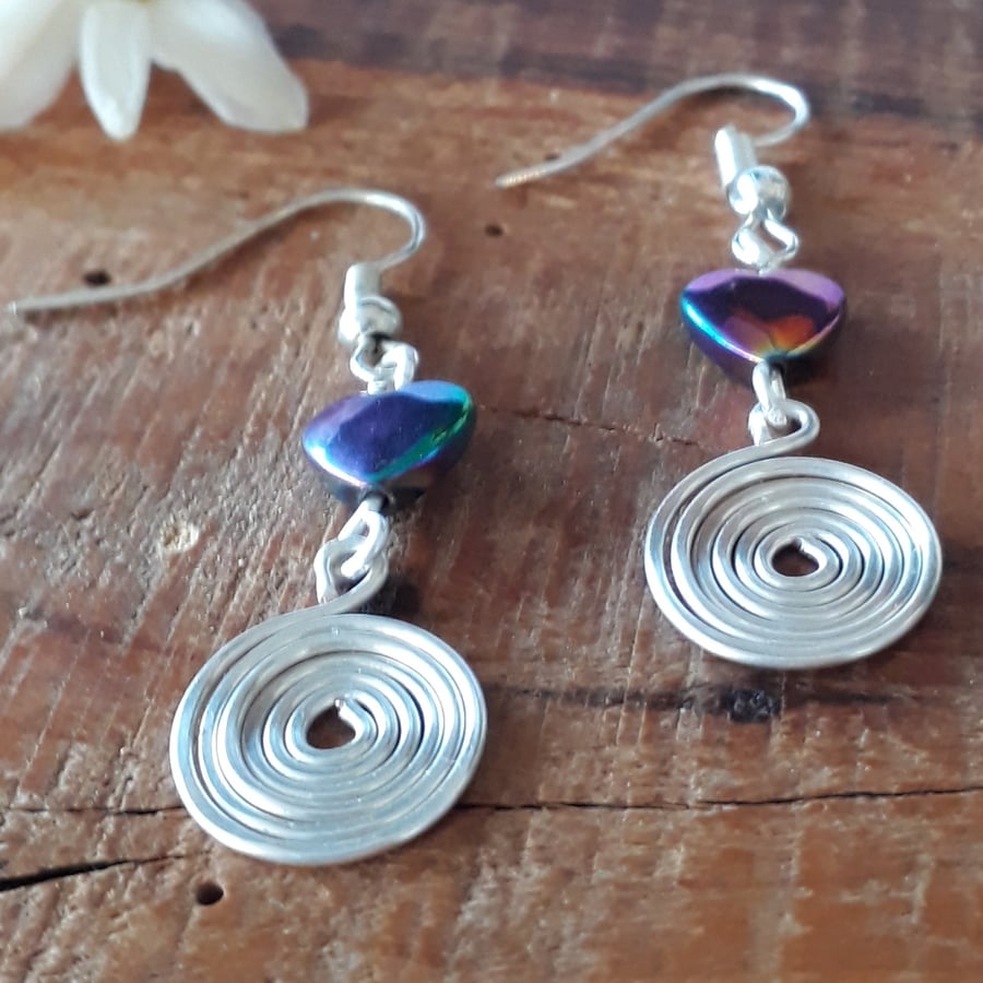 Hearts & Silver Spiral Earrings, Rainbow Hematite Earrings, Gifts for mum
