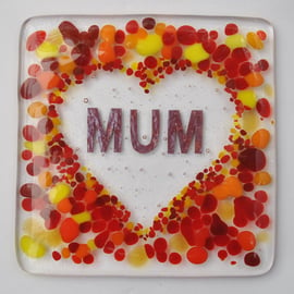 Handmade Fused Glass Mum In A Love Heart Drinks Coaster - Mother's Day Tile