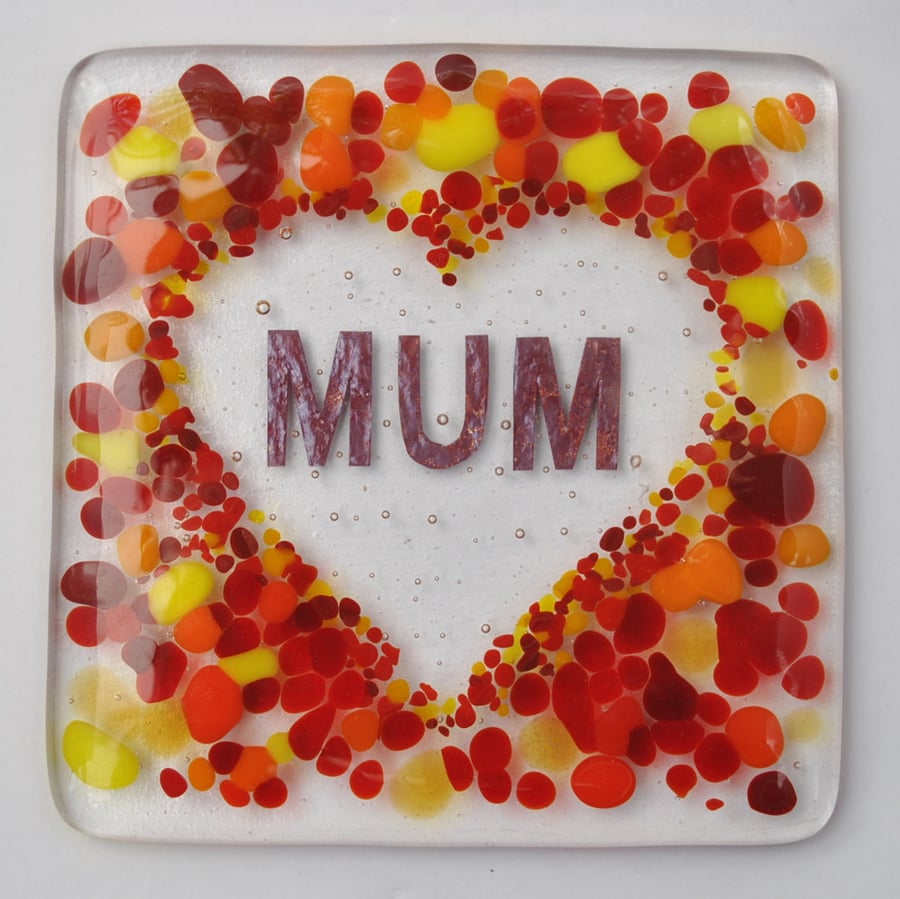 Handmade Fused Glass Mum In A Love Heart Drinks Coaster - Mother's Day Tile