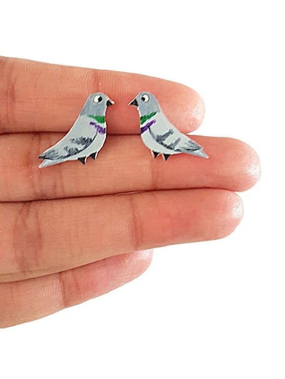 Pigeon Stud Earrings - Handpainted - Bird Earrings