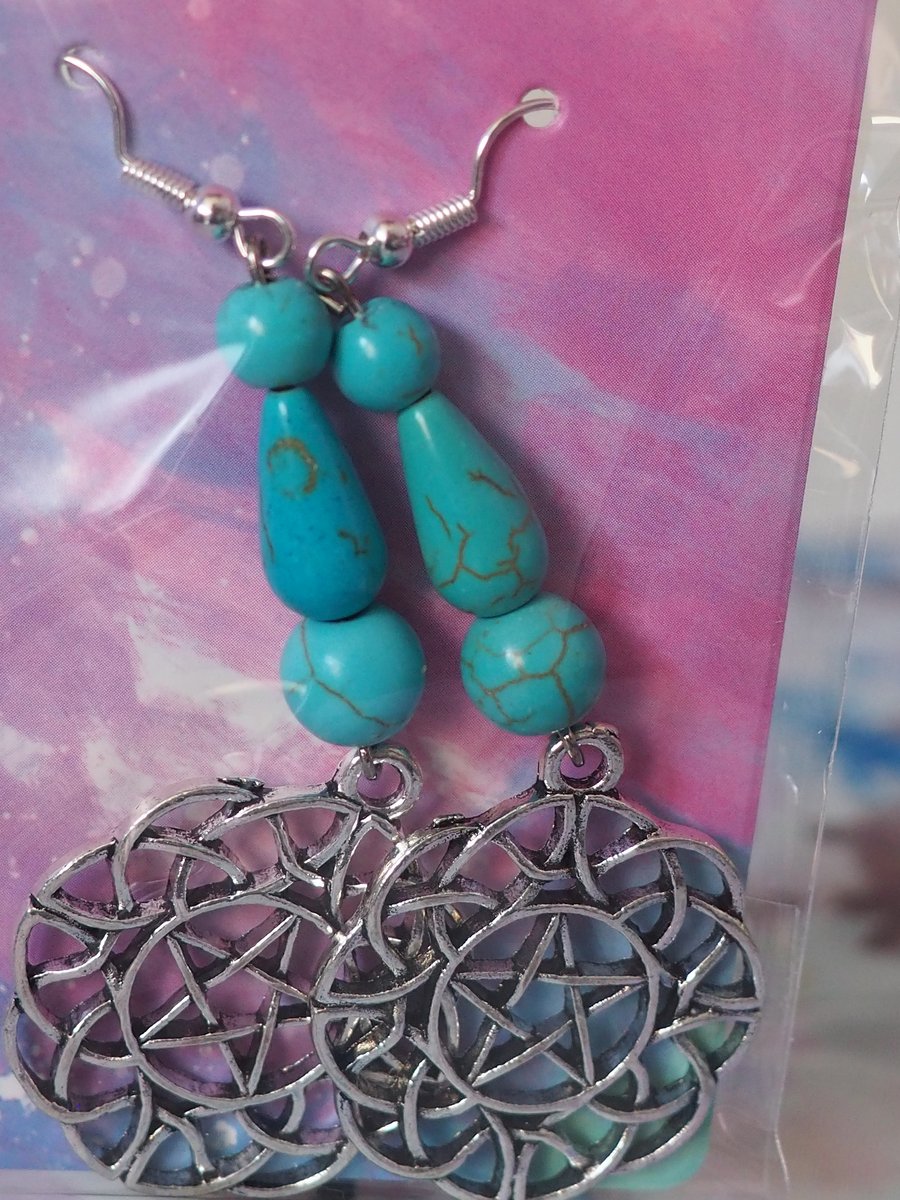 Turquoise Beaded Dangle Earrings with Circular Charms