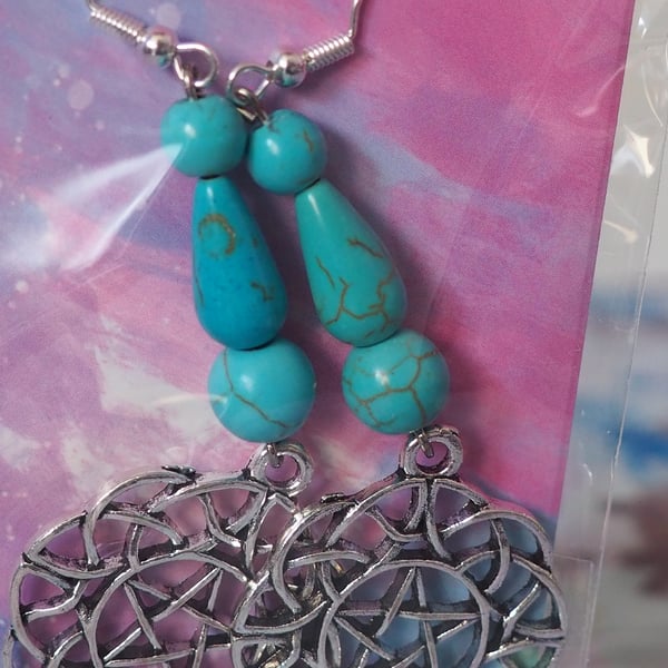 Turquoise Beaded Dangle Earrings with Circular Charms