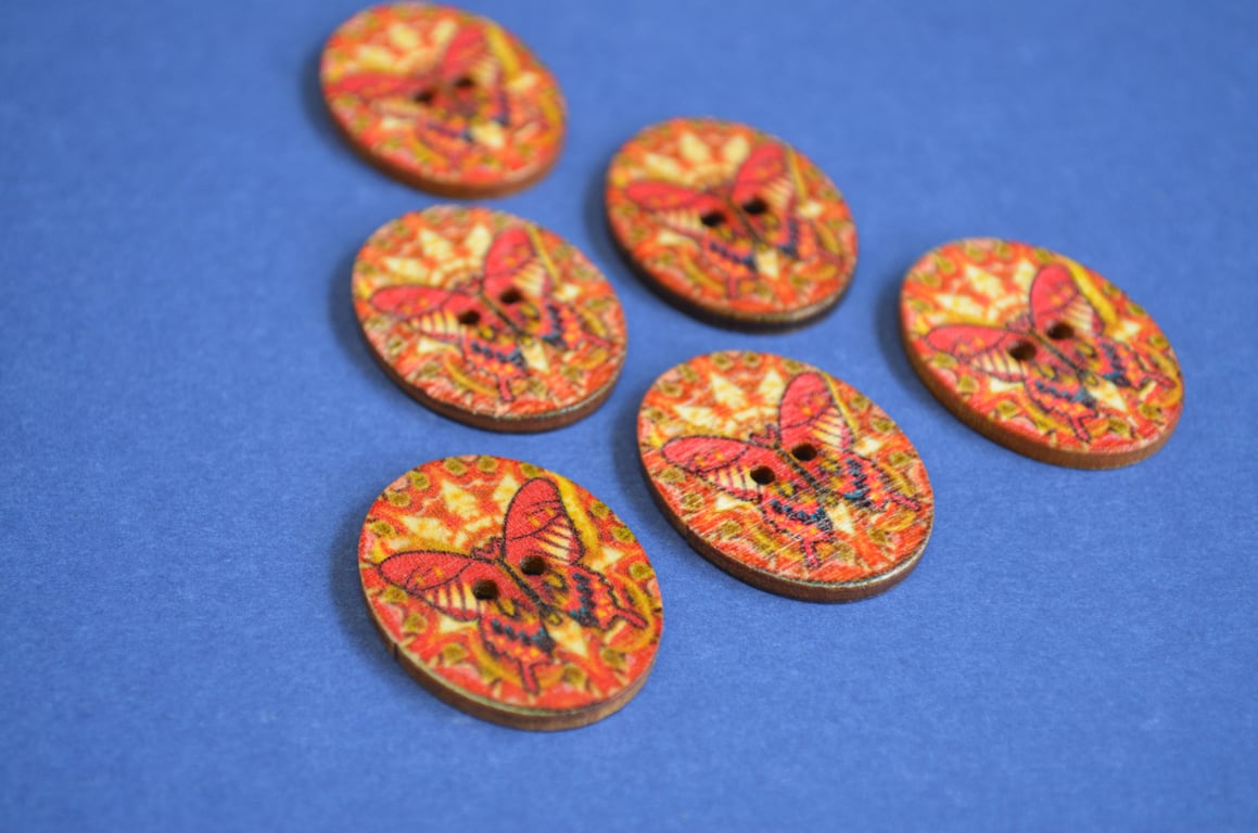 Wooden Oval Butterfly Buttons Colourful Kaleidoscope Red Orange 6pk 30x22mm (OB5