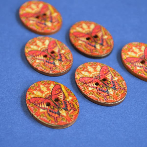 Wooden Oval Butterfly Buttons Colourful Kaleidoscope Red Orange 6pk 30x22mm (OB5