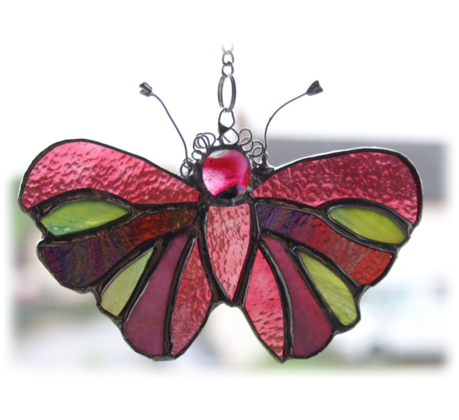 Cranberry Pink Butterfly Suncatcher Stained Glass Handmade 040