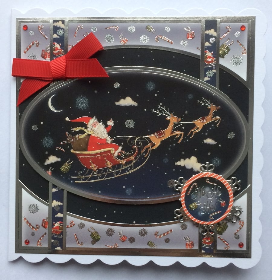 Christmas Card Santa and His Reindeer in the Night Sky 3D Luxury Handmade Card