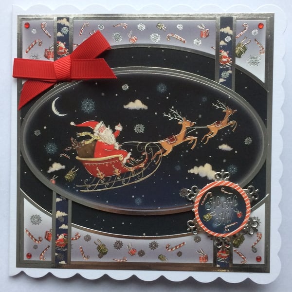 Christmas Card Santa and His Reindeer in the Night Sky 3D Luxury Handmade Card